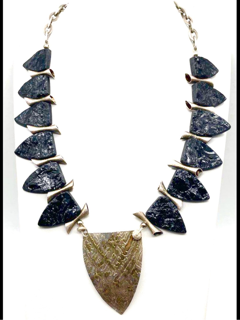 Vintage MCM Brutalist Artisan 925, 22k Gold Black Tourmaline Shield Necklace